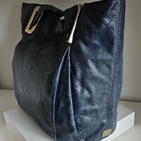 KOOBA Elegant Denim Blue Snake Embossed Glossed Tote Shoulder Bag - Picture 7 of 10